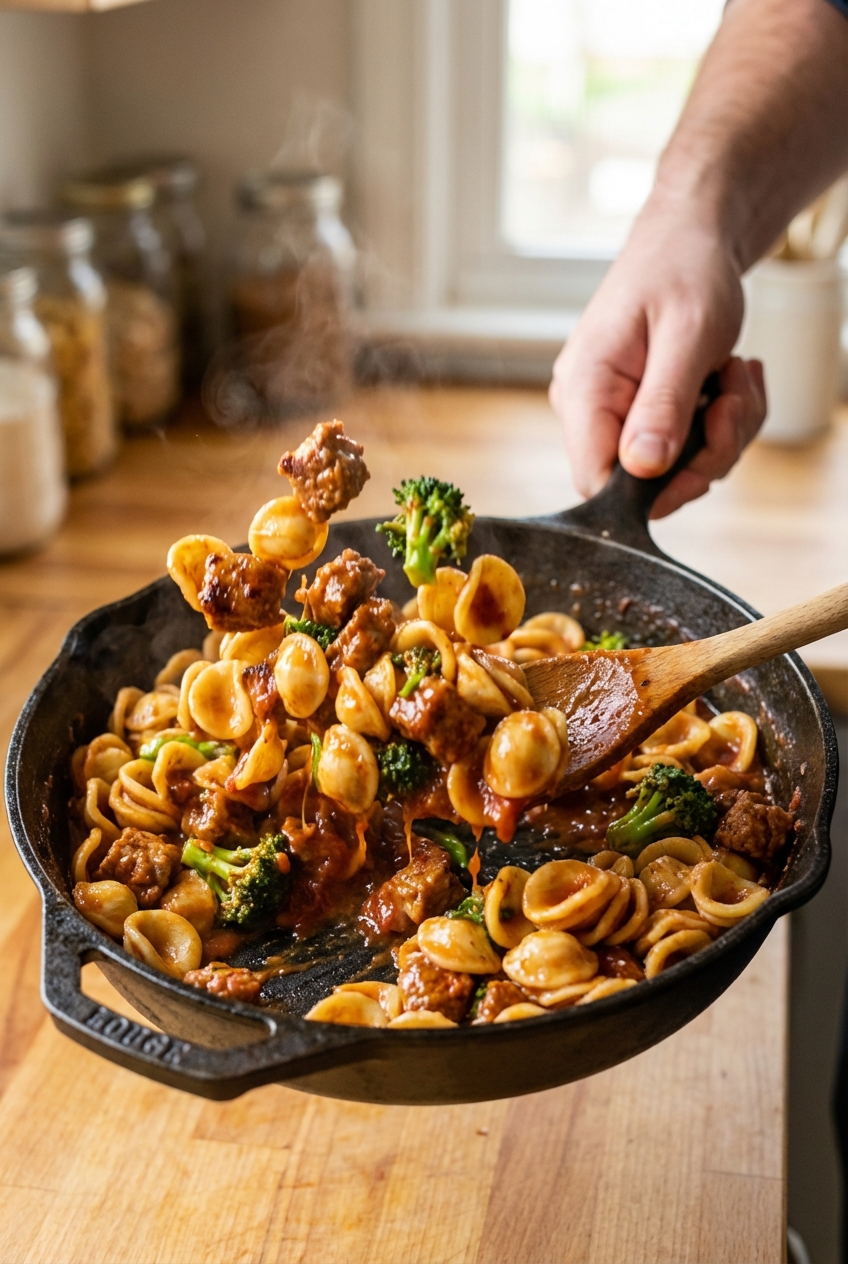 A close-up of pasta being tossed in a skillet with browned sausage and a glossy sauce