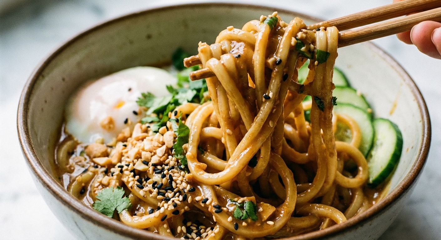 A close-up of peanut sauce coated noodles being lifted with chopsticks from a bowl, showing the glossy sauce clinging to the noodles with sesame seeds and cilantro scattered on top, photorealistic food photography