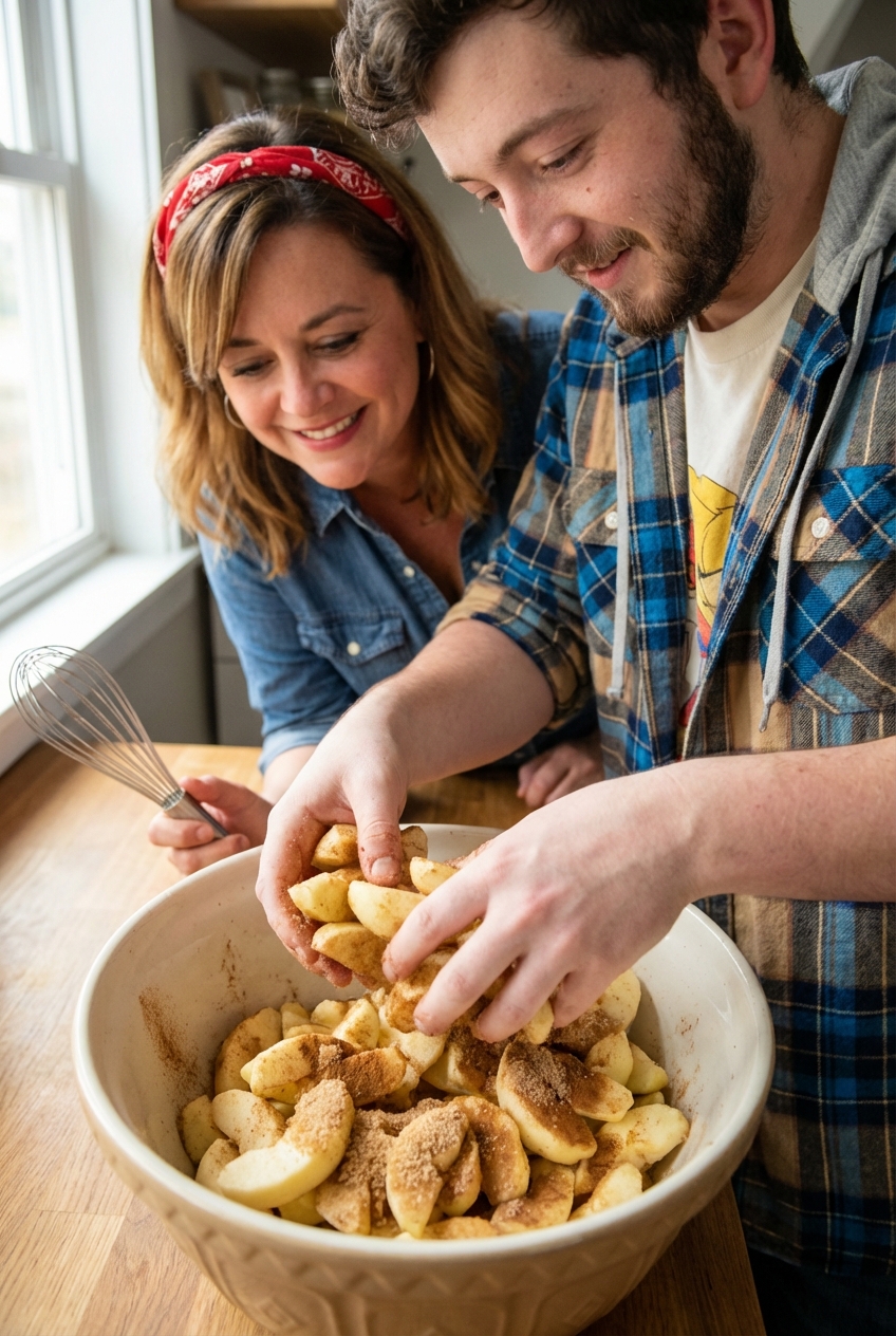 A close-up of peeled and sliced apples in a large mixing bowl with cinnamon and sugar