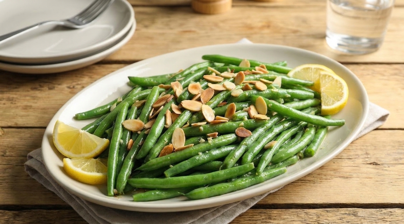 A close-up of plated garlic butter snap beans with toasted almonds and lemon wedges on a dinner table