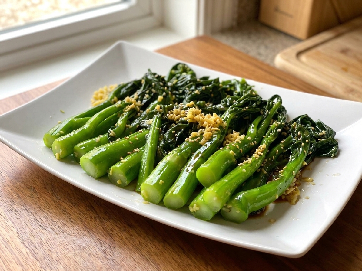 A close-up of plated garlic ginger gai lan with a light sheen of sauce and a sprinkle of sesame seeds on a white plate on a wooden table