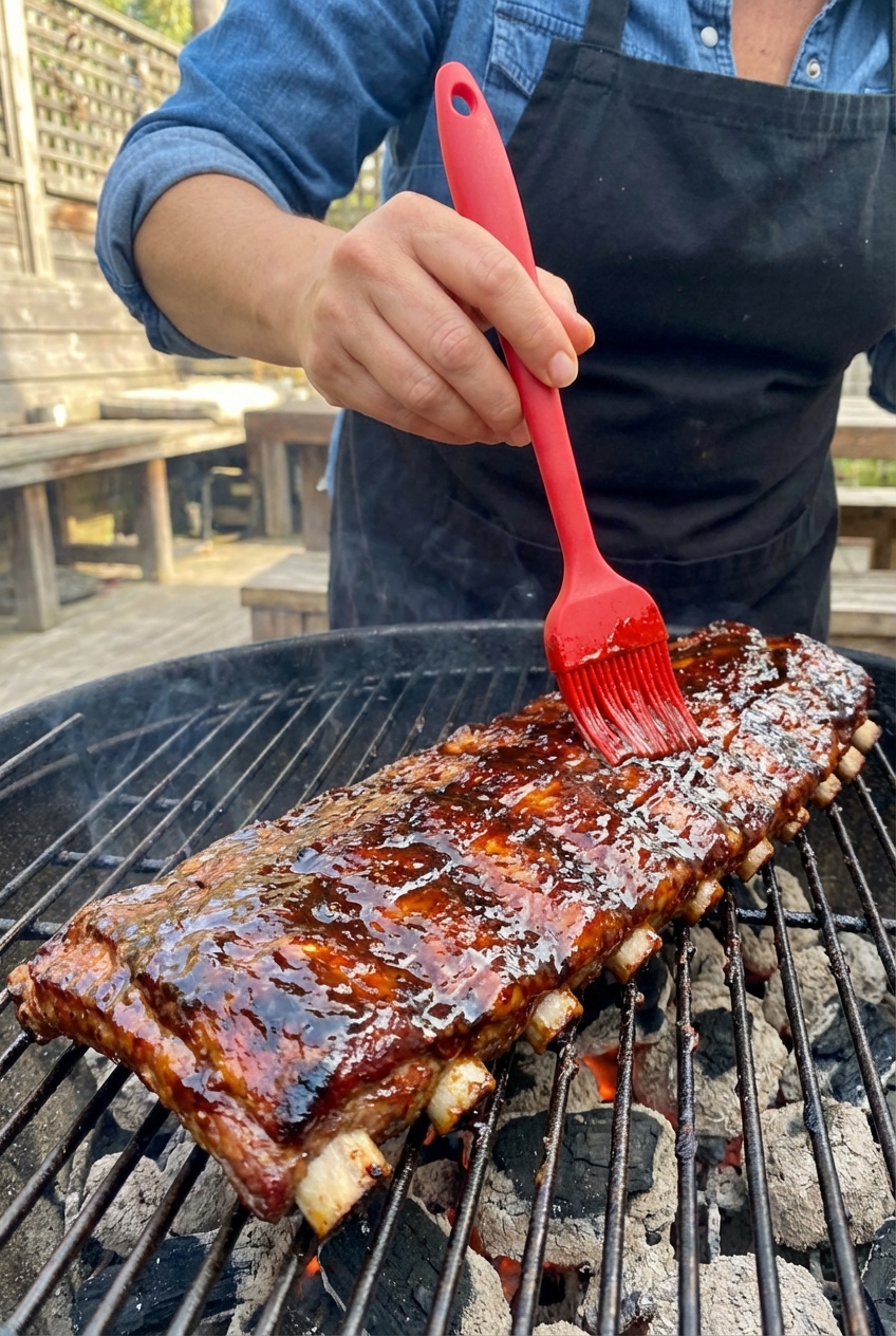 A close-up of ribs being brushed with a shiny spicy glaze using a silicone pastry brush