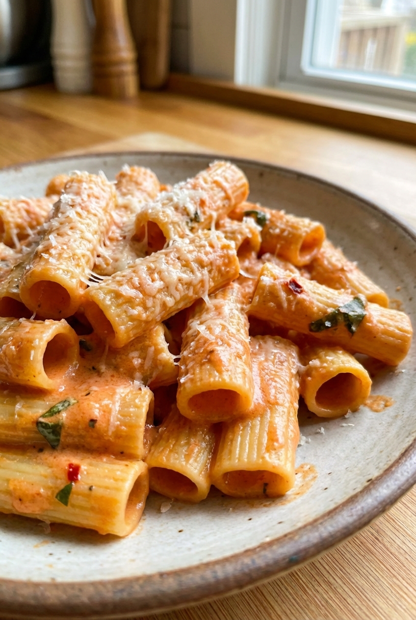 A close-up of rigatoni coated in creamy vodka sauce with parmesan melting on top