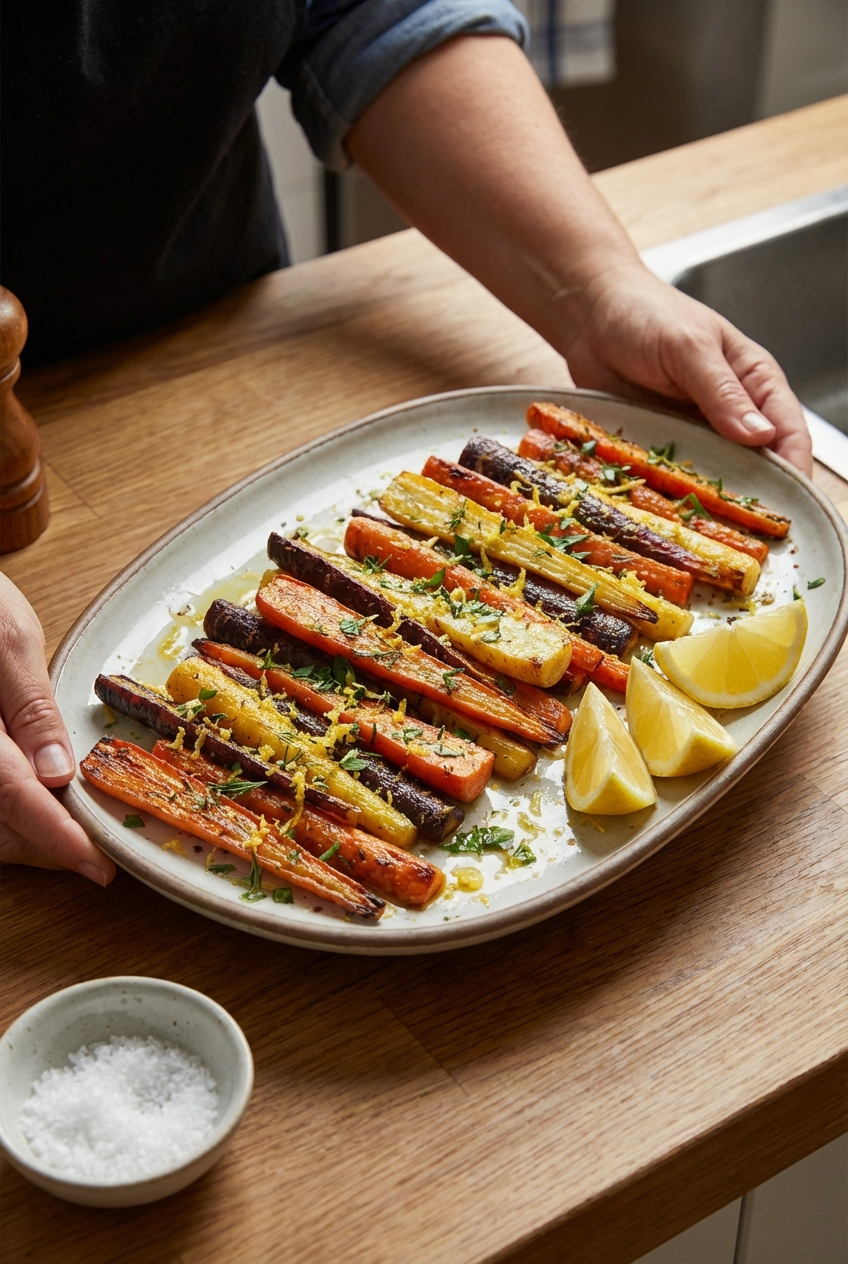 A close-up of roasted carrots on a serving platter with lemon wedges and a small bowl of flaky salt nearby