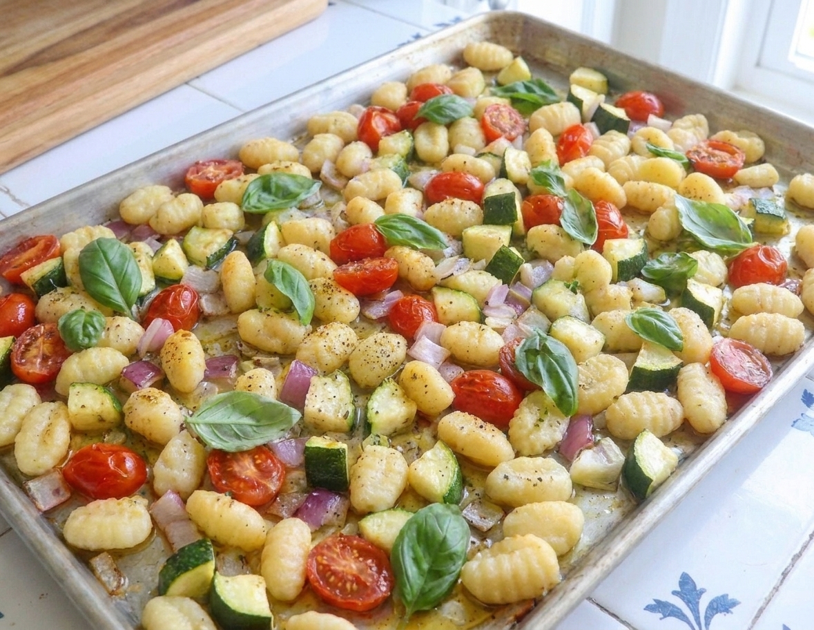 A close-up of roasted gnocchi with crisp edges on a sheet pan alongside burst cherry tomatoes and caramelized red onion