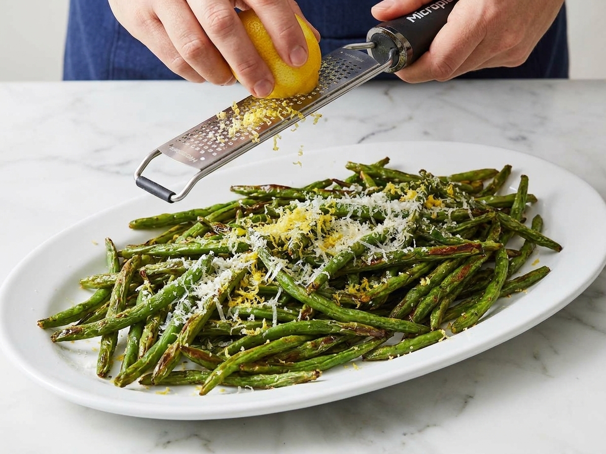A close-up of roasted green beans on a serving plate being finished with lemon zest and finely grated Parmesan