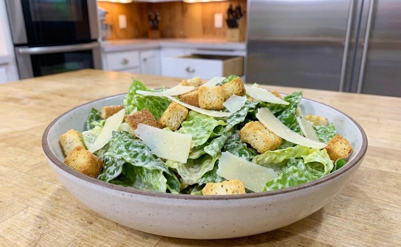 A close-up of romaine lettuce tossed in creamy Caesar dressing with croutons and shaved Parmesan in a large salad bowl on a kitchen table