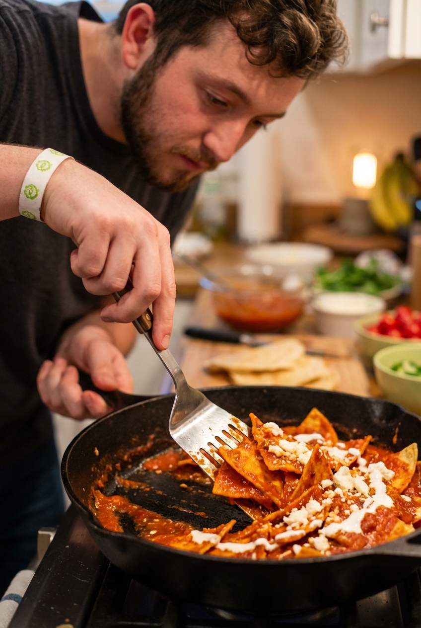A close-up of saucy red chilaquiles being folded in a skillet with a spatula
