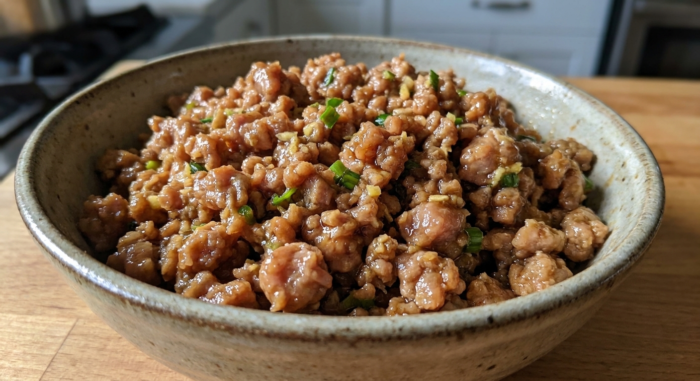 A close-up of seasoned ground pork filling in a bowl with visible scallion and ginger bits, glossy and well mixed, real food photography