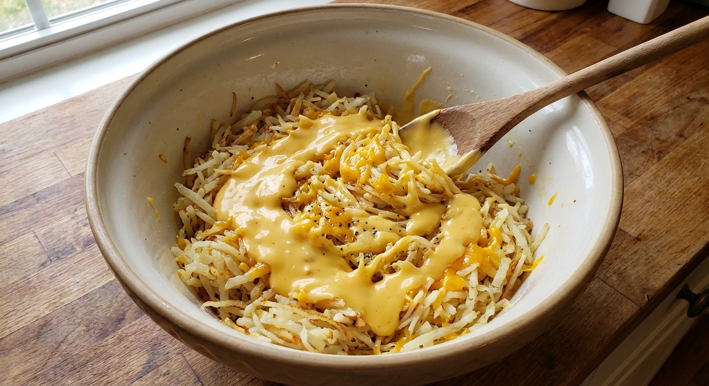 A close up of shredded hashbrowns being mixed in a large bowl with a creamy cheese sauce