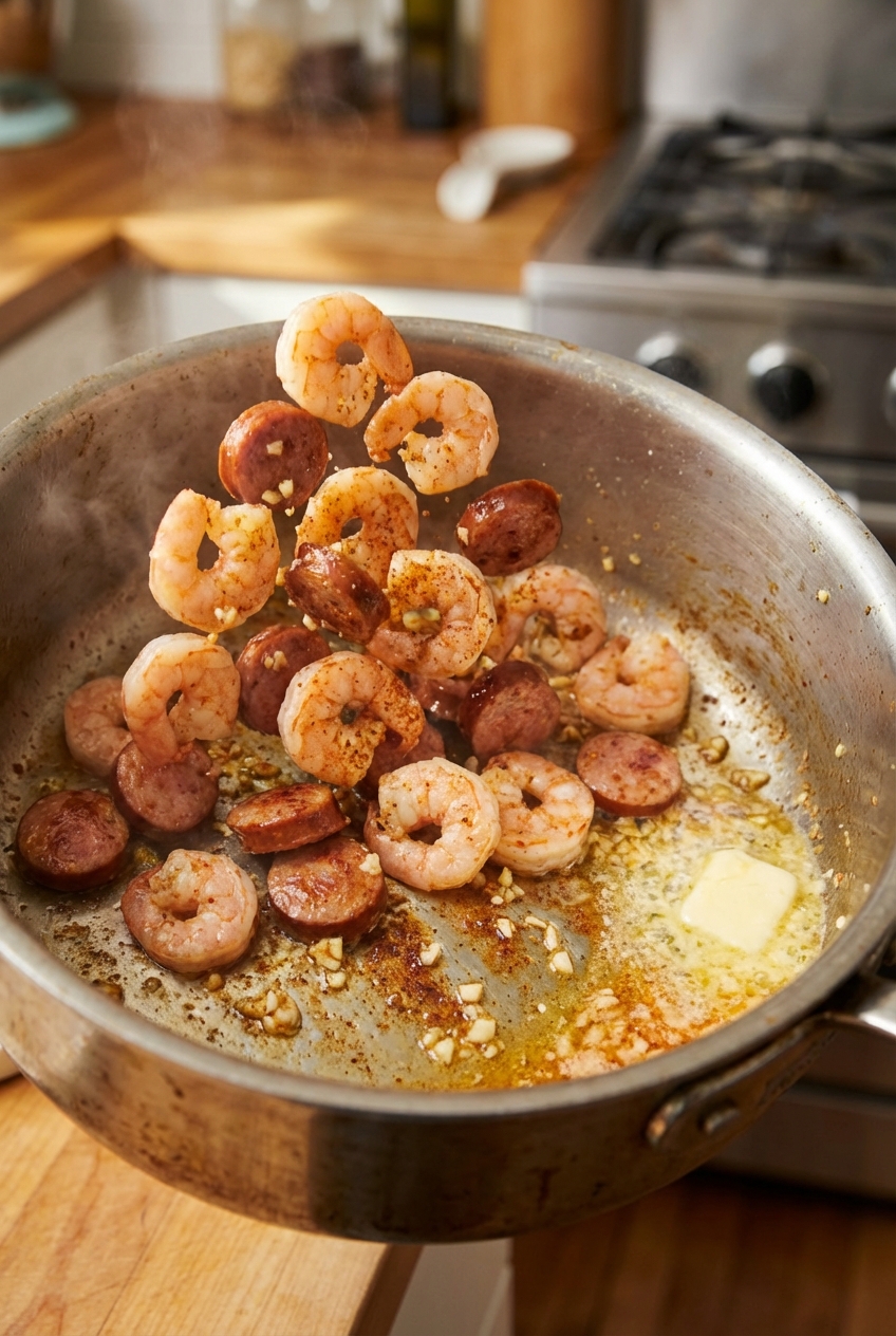 A close-up of shrimp and sausage being tossed in a pot with buttery seasoning