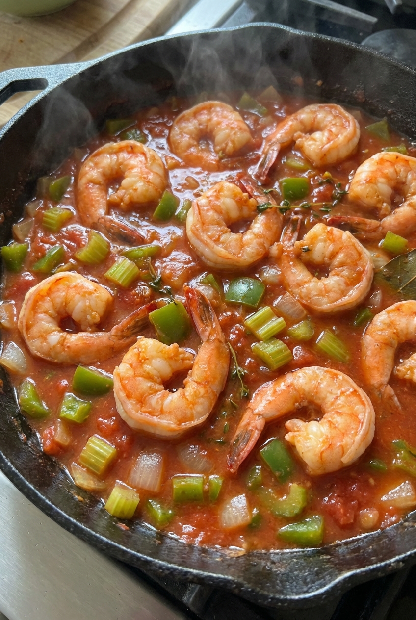A close-up of shrimp simmering in a tomato sauce with visible diced bell pepper, celery, and onion in a skillet