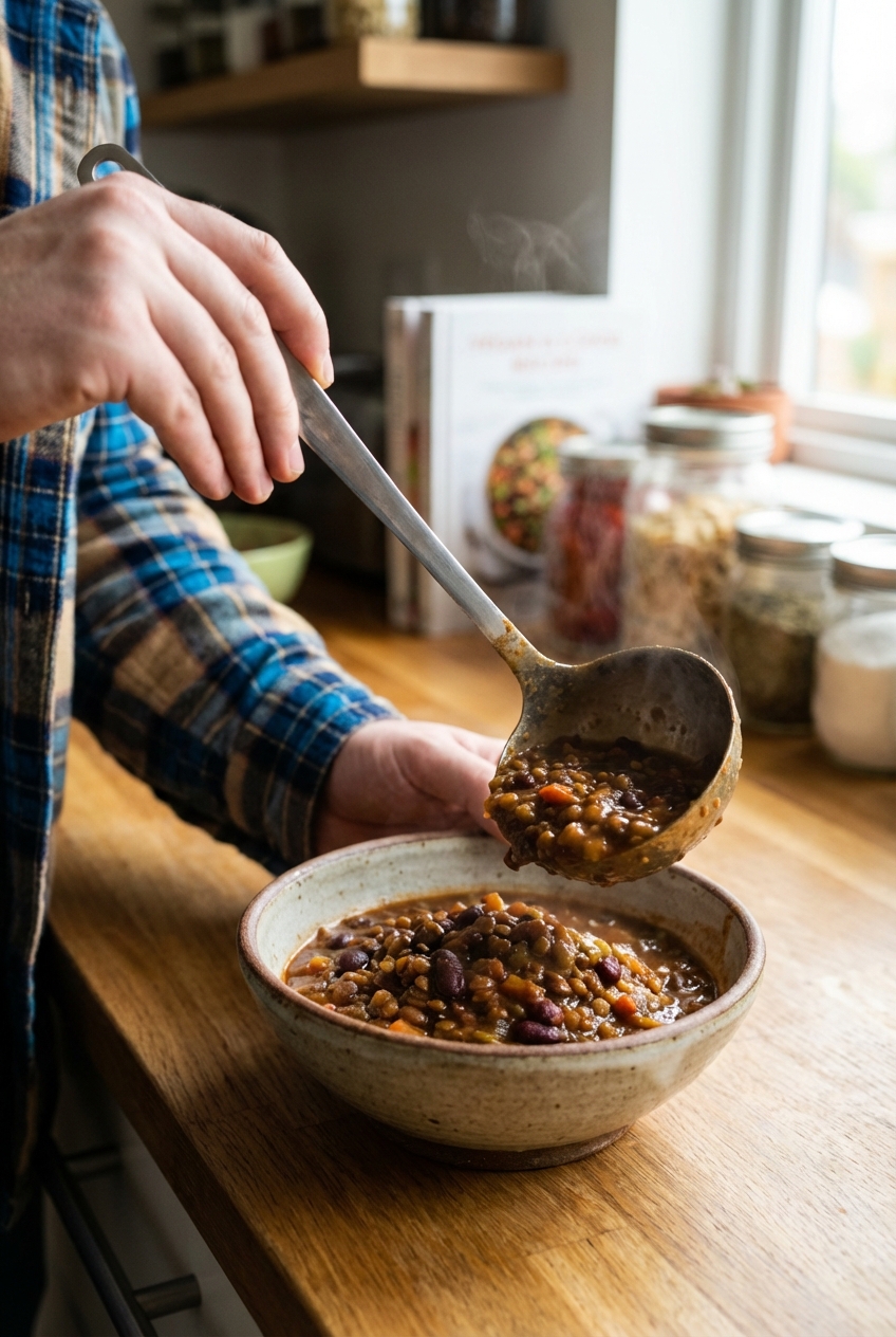 A close-up of silky vegan chili being ladled into a bowl