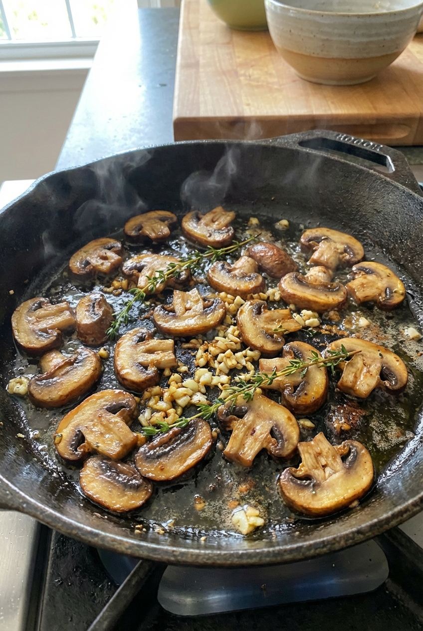 A close-up of sliced mushrooms browning in a skillet with garlic and thyme