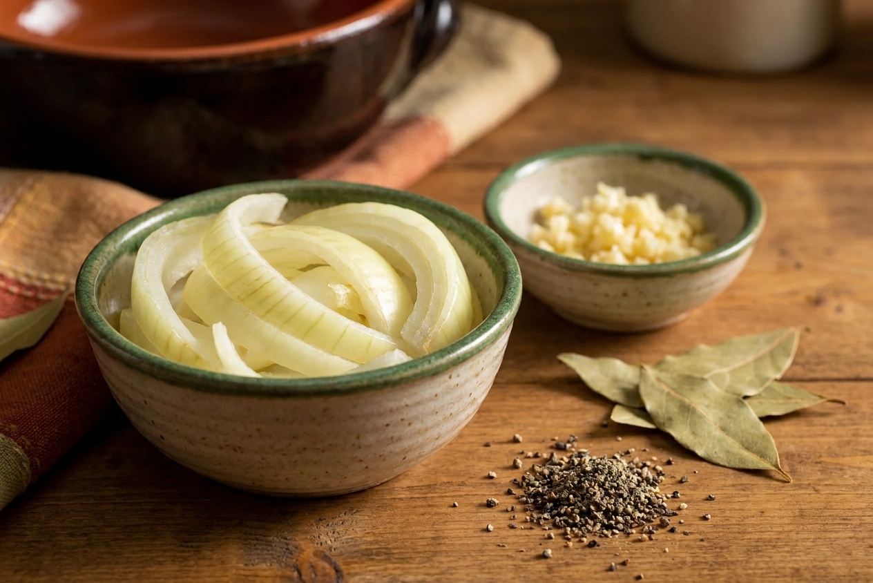 A close-up of sliced onions and minced garlic in small bowls on a kitchen counter beside bay leaves and ground black pepper