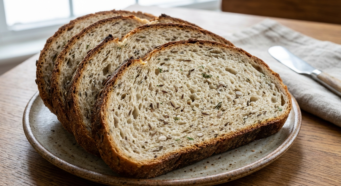 A close-up of sliced rye bread showing a soft, pale interior flecked with herbs and seeds on a plate
