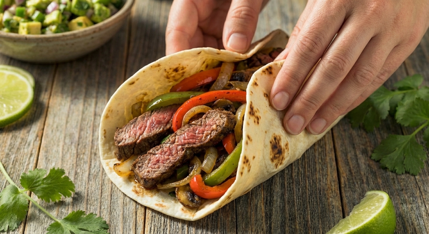 A close-up of sliced steak fajitas being tucked into a warm tortilla with sauteed peppers and onions