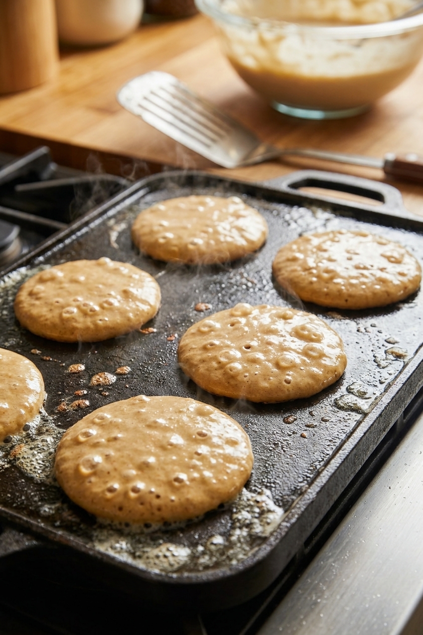 A close-up of small circles of maple pancake batter cooking on a buttered griddle with bubbles forming on the surface
