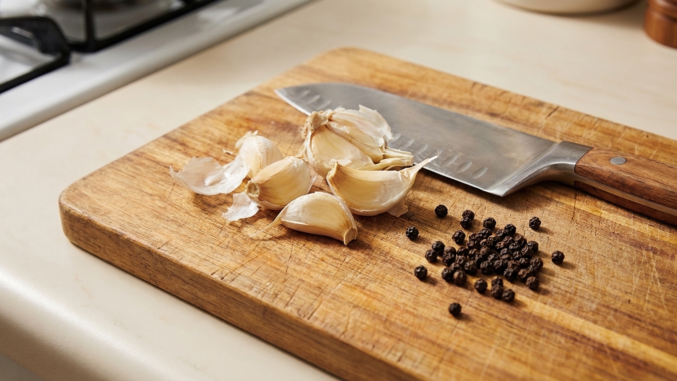A close-up of smashed garlic cloves on a wooden cutting board with a chef's knife and a small pinch of peppercorns nearby