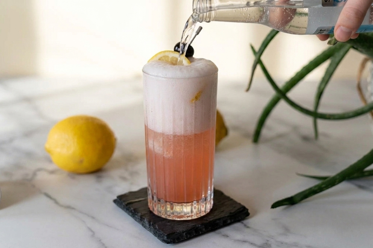 A close-up of soda water being poured into a pink cocktail in a tall glass, creating a foamy cap