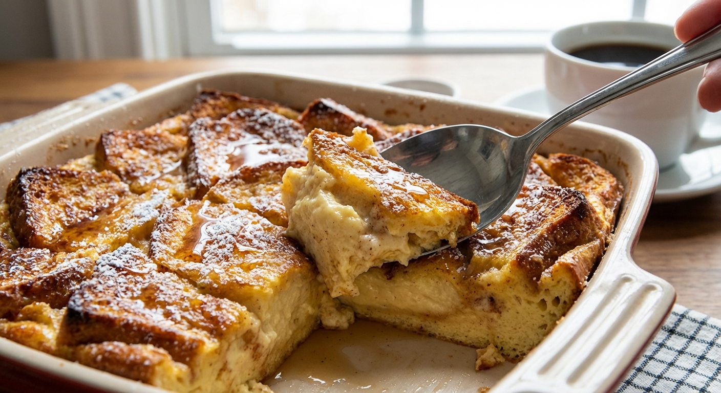 A close-up of spoon scooping a custardy square of French toast casserole showing a creamy interior and crisp browned top