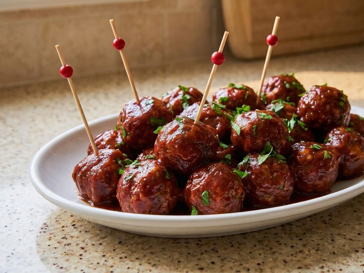 A close-up of sticky BBQ meatballs on a serving platter with toothpicks inserted, sauce glistening under warm kitchen lighting