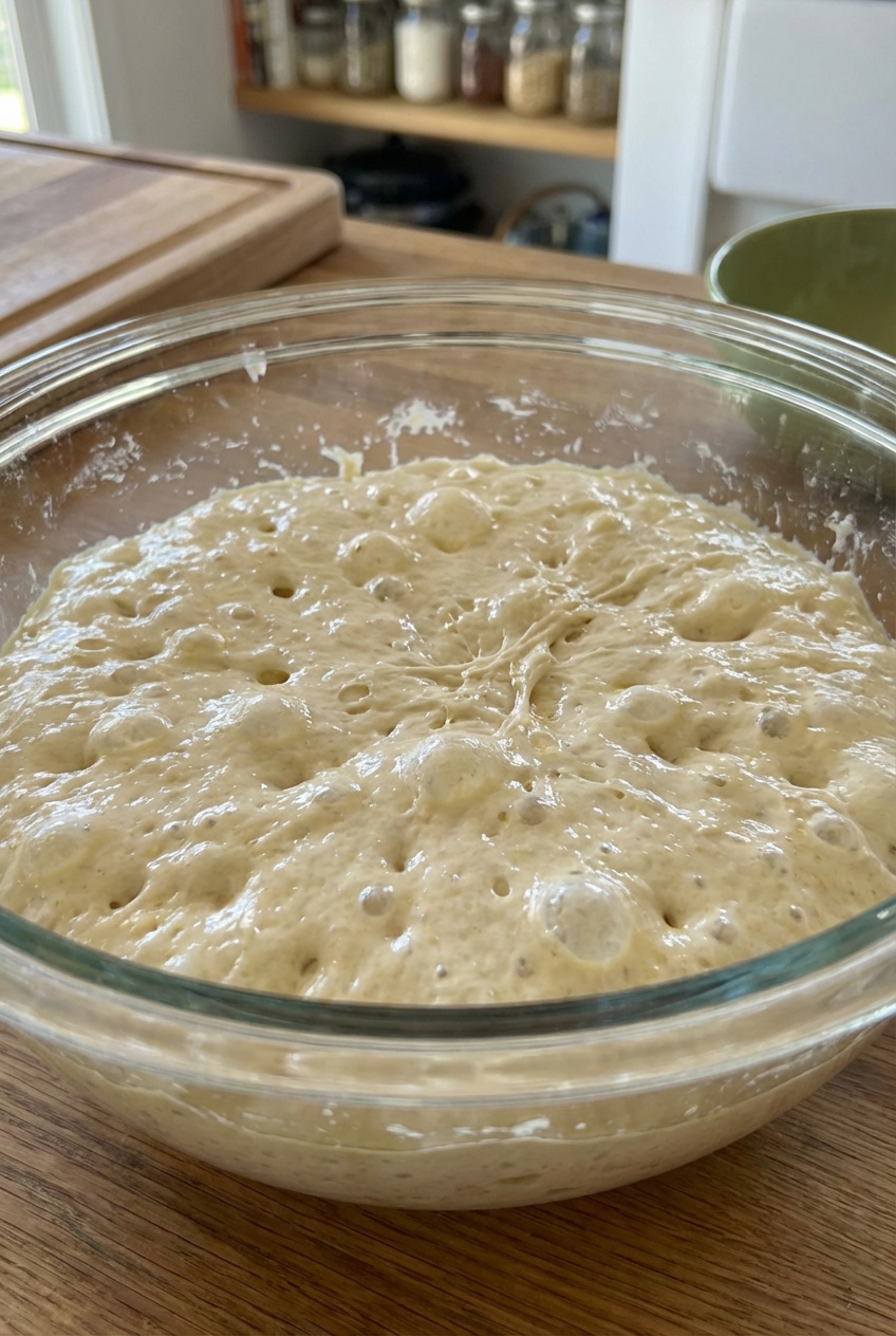 A close-up of sticky no-knead bread dough in a mixing bowl with bubbles on the surface