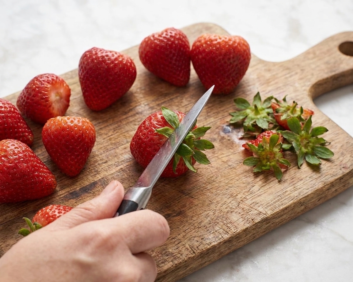 A close-up of strawberries being hulled on a wooden cutting board with a small paring knife