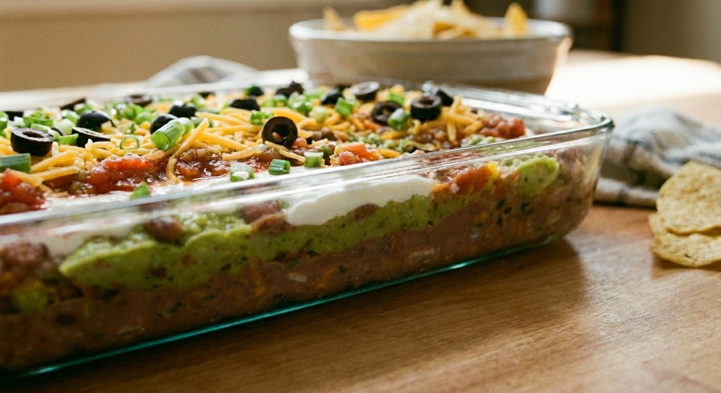 A close-up of the seven layer dip showing distinct colorful layers through a clear glass dish