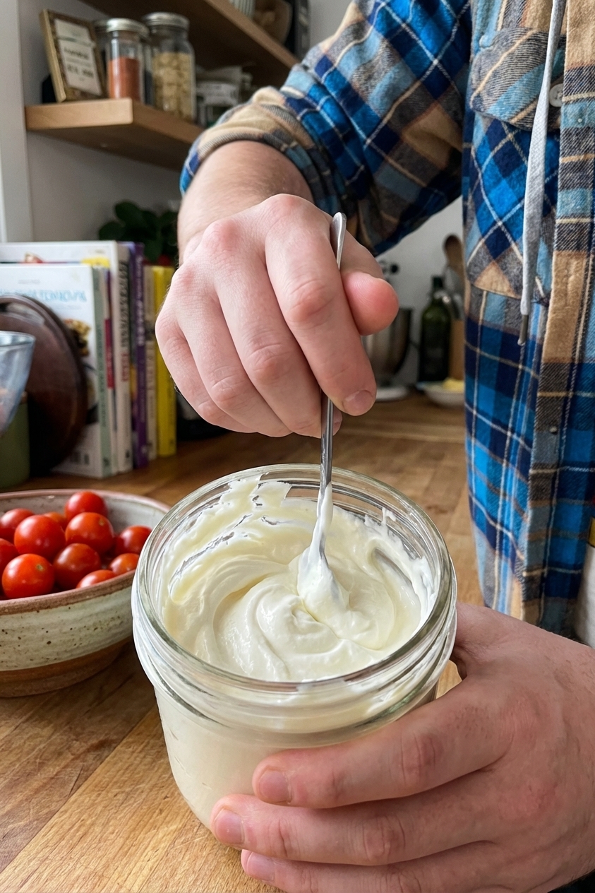 A close-up of thick crème fraîche being stirred with a spoon inside a glass jar