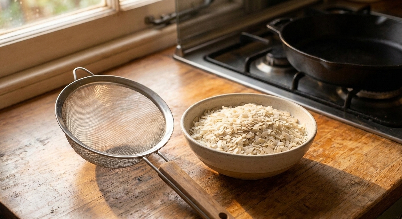 A close-up of thick flattened rice (poha) in a metal bowl beside a fine mesh strainer on a kitchen counter