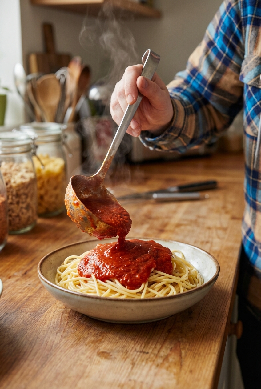 A close-up of tomato sauce being poured from a ladle over a bowl of spaghetti