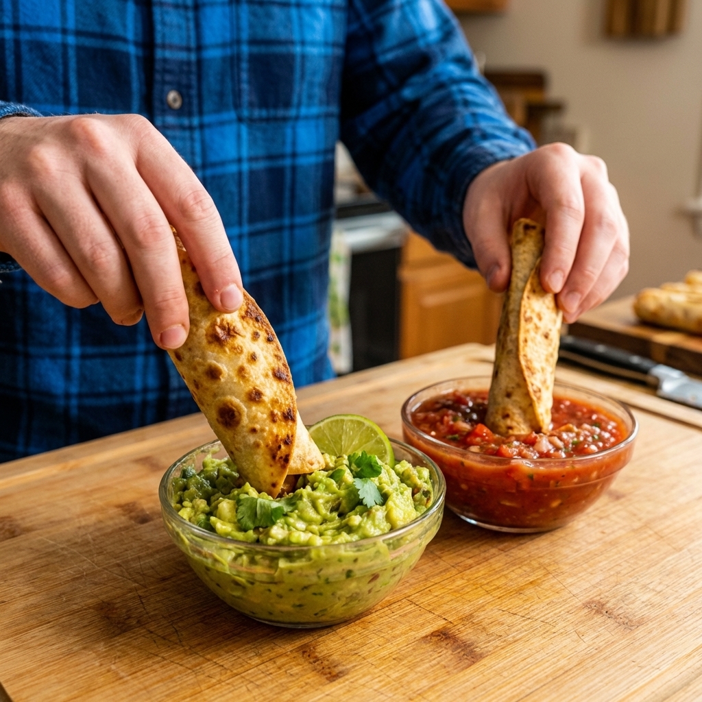 A close-up of two baked chicken taquitos being dipped into guacamole and salsa on a wooden countertop, with crisp blistered tortilla texture visible