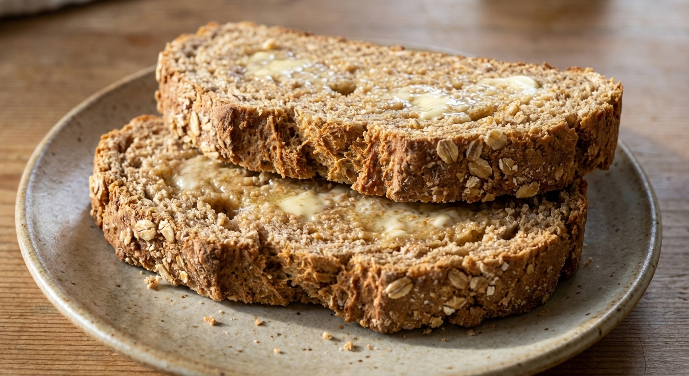 A close-up of two slices of wholemeal Irish brown bread stacked slightly offset on a plate, with visible grain texture in the crumb and a thin sheen of melted butter, photorealistic