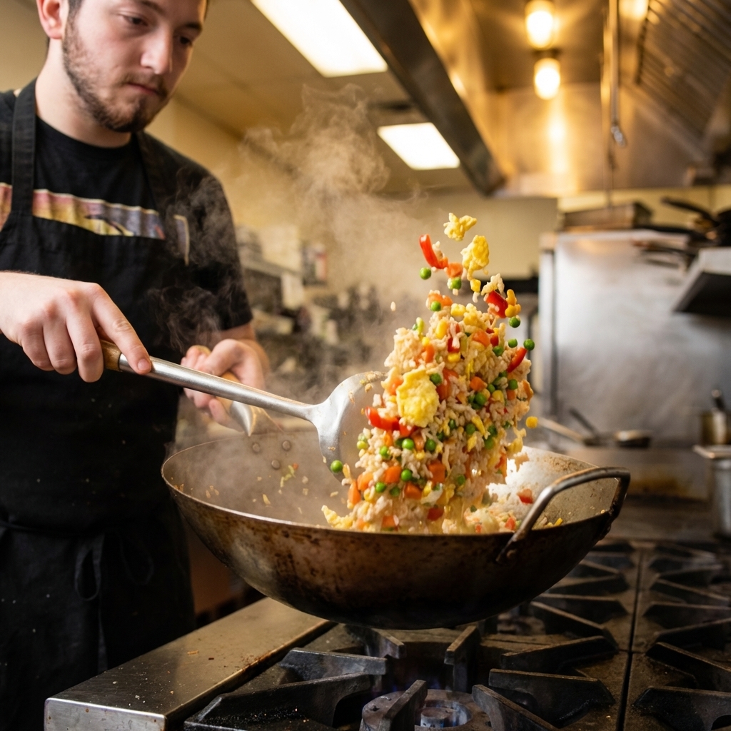 A close-up of vegetable fried rice in a wok with visible pieces of scrambled egg and colorful vegetables being tossed with a metal spatula over high heat, steam rising, photorealistic food photography