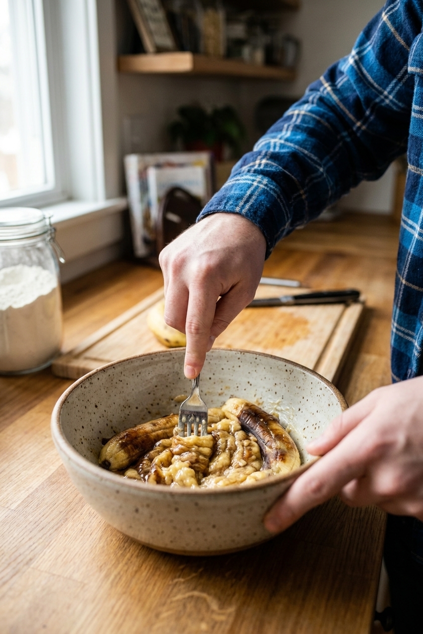 A close-up of very ripe bananas being mashed with a fork in a ceramic mixing bowl on a kitchen counter, real food photography