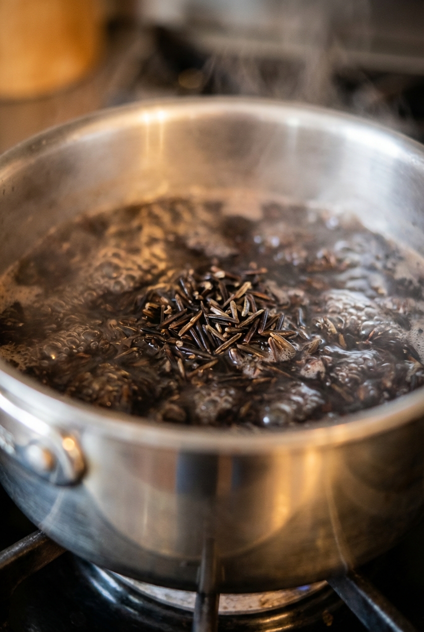 A close-up of wild rice grains simmering in a pot with steam rising