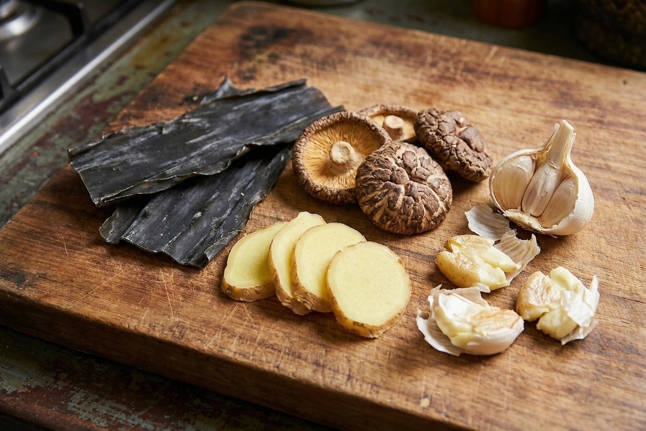 A close-up on a cutting board showing dried kombu, dried shiitake mushrooms, sliced ginger, and smashed garlic ready for ramen broth