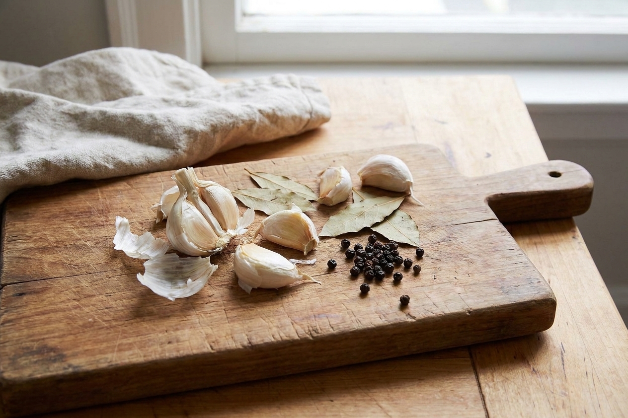 A close-up on a cutting board showing smashed garlic cloves, dried bay leaves, and whole black peppercorns ready for cooking