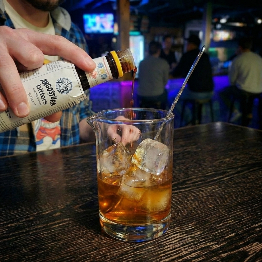 A close-up photo of Angostura bitters being dashed into a mixing glass with whiskey and ice