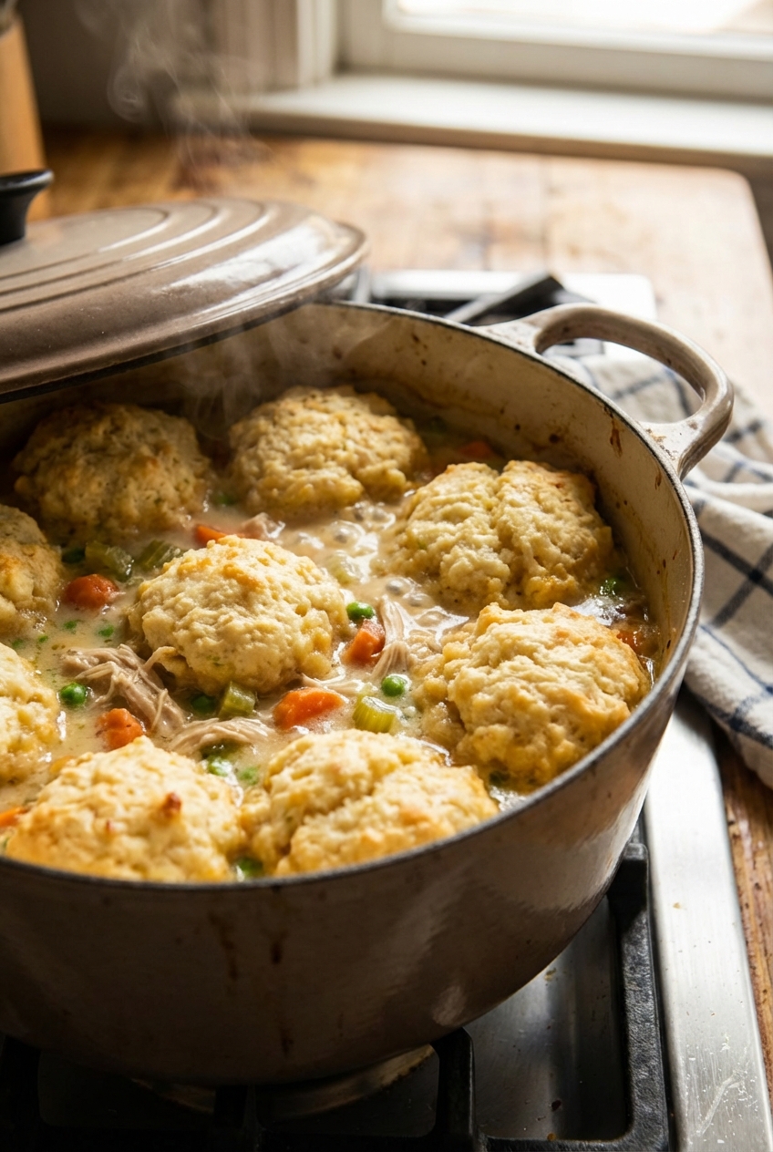 A close-up photo of Bisquick dumplings simmering on top of creamy chicken stew in a Dutch oven with the lid slightly ajar
