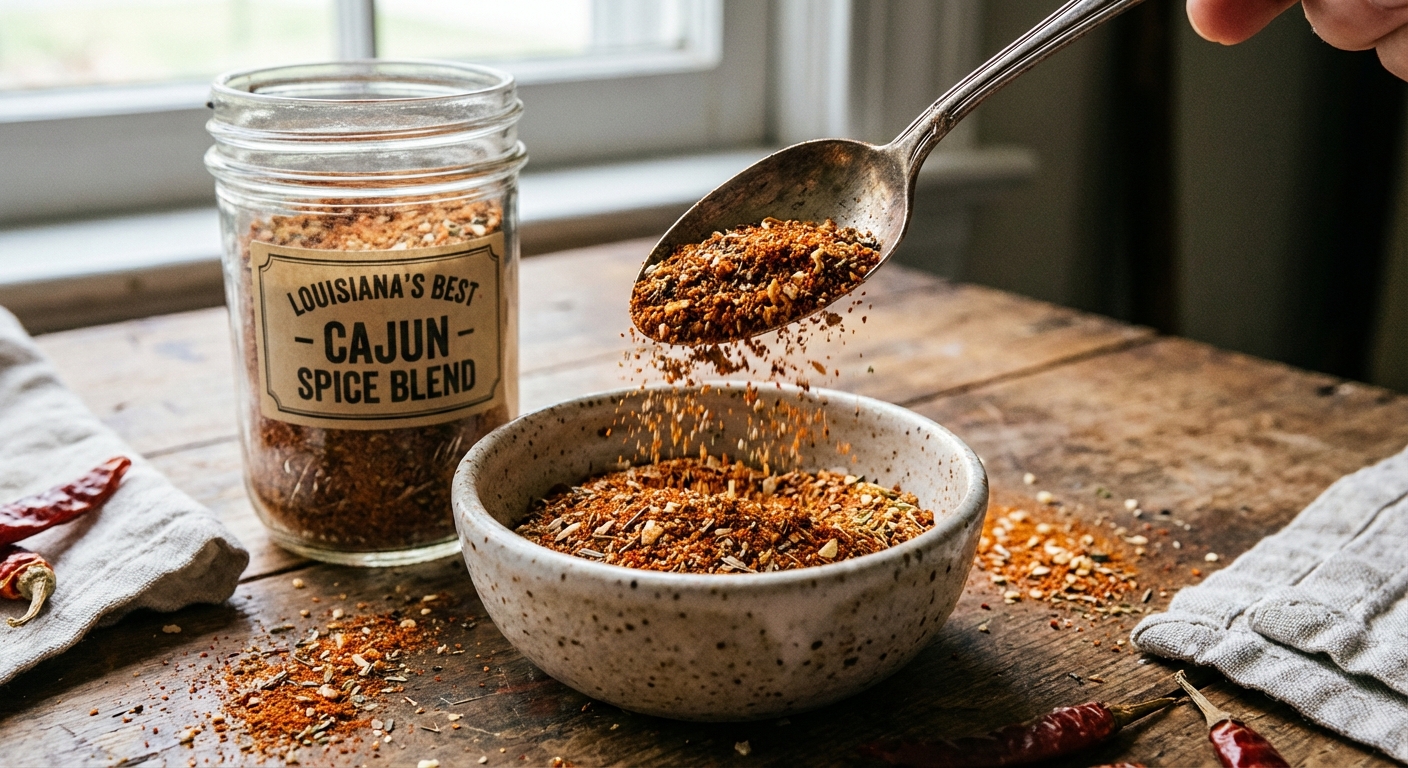 A close-up photo of Cajun seasoning being spooned from a jar into a small bowl