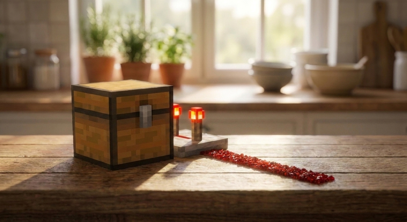 A close-up photo of a Minecraft-inspired chest block model with a comparator placed directly behind it and a short redstone dust line leading away on a wooden counter