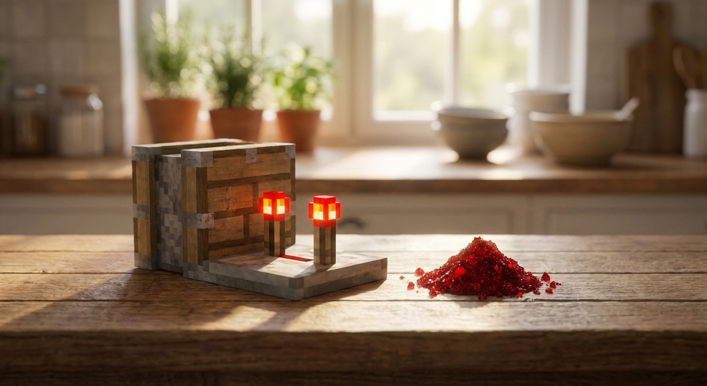 A close-up photo of a Minecraft redstone comparator model sitting on a clean wooden kitchen counter next to a small pile of redstone dust props, warm natural light