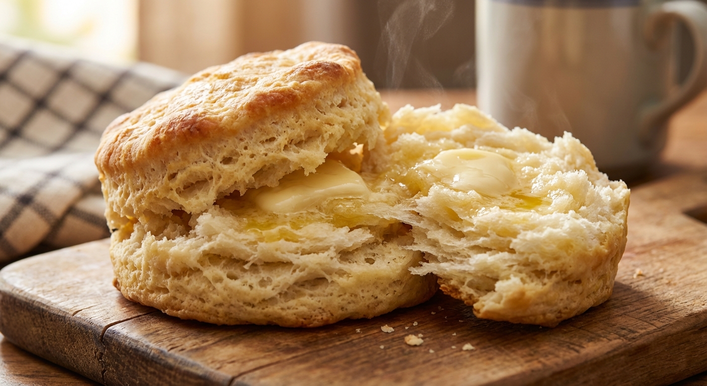 A close-up photo of a biscuit split open showing a fluffy interior with visible flaky layers and butter melting into the crumb