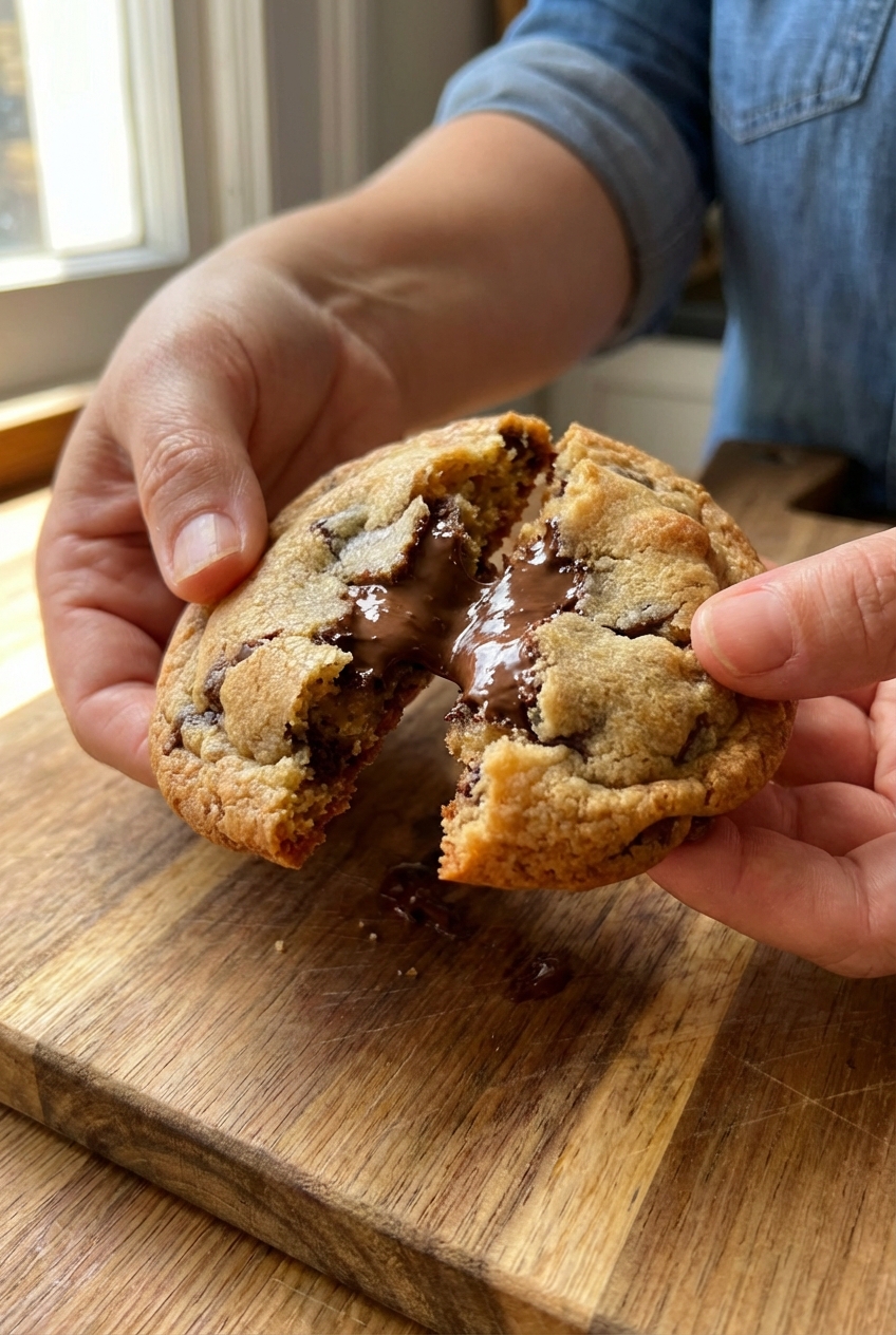 A close-up photo of a broken chocolate chip cookie showing a soft, tender center with melted chocolate