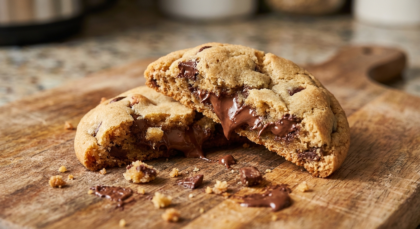 A close-up photo of a broken cookie showing a soft, gooey center with melted chocolate
