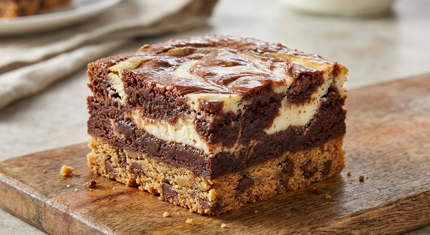 A close-up photo of a brownie square showing distinct cookie base, brownie layer, and cheesecake swirl with a slightly glossy top