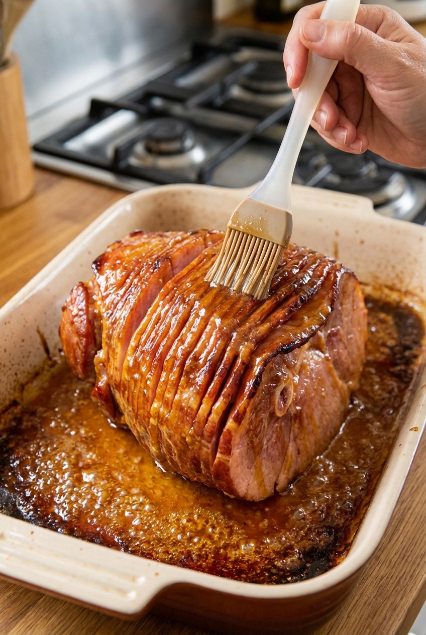 A close-up photo of a brush glazing a spiral ham in a roasting pan with bubbling amber glaze