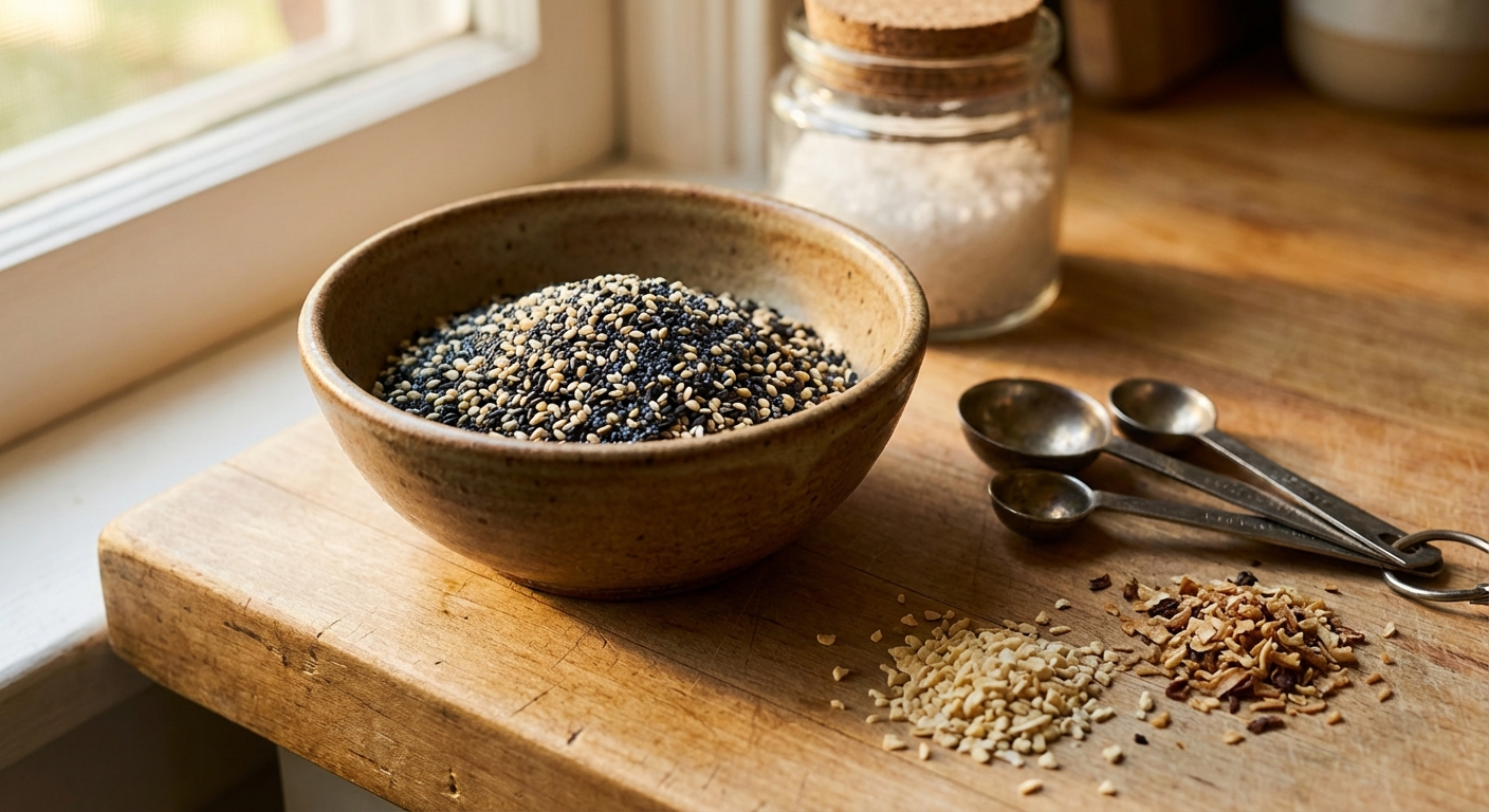 A close up photo of a ceramic bowl filled with sesame seeds and poppy seeds on a kitchen counter, with measuring spoons and small piles of dried minced garlic and dried minced onion nearby, warm natural light, photorealistic food photography
